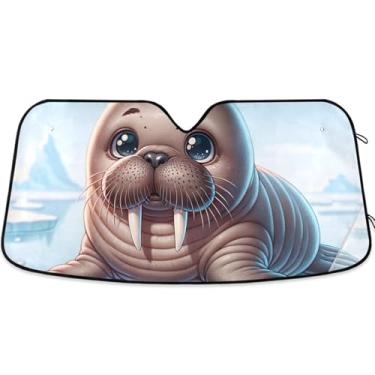 Imagem de Pára-sol personalizado com estampa de animal de morsa fofa para para-brisa de carro impressão retrátil dobrável protetor solar automotivo S, 134,6 cm x 59,7 cm