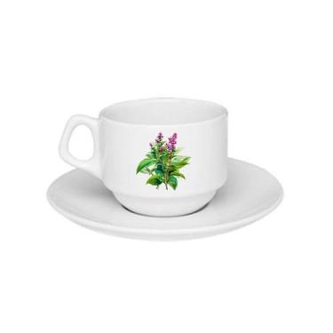 Imagem de Xícara De Porcelana Ervas Chá Manjericão + Pires - 180ml - VilelaGG