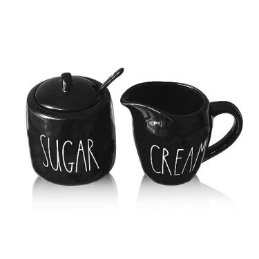 Imagem de Conjunto de açúcar e creme, recipiente de creme e suporte de açúcar para café, tigela de açúcar de fazenda com tampa e colher, dispensador de açúcar de cerâmica e conjunto de jarra de creme para