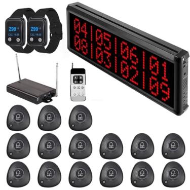 Imagem de WNKRUN Sistema de chamadas sem fio remoto para restaurante com 1 visor de número de chamada/1 amplificador de sinal/15 botões de chamada à prova d'água/2 pagers de relógio para cafés e hotéis
