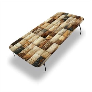 Imagem de ESFVRG Toalha de mesa elástica retangular marrom, cubos inspirados em patchwork em blocos de conceito boêmio, capa de mesa de 76 cm x 213 cm para mesa dobrável de 2 m, cinza-escuro quente