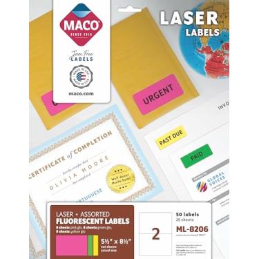 Imagem de MACO Etiquetas fluorescentes sortidas a laser, 13,5 x 21,5 cm, 2 por folha, 50 por pacote (MML-8206)