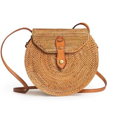 Imagem de Novum Crafts Bolsa de vime redonda para mulheres - Bolsa de tecido de vime Ata feita à mão - Círculo, quadrado, oval marrom palha Boho Bags, Isla, 7 3/4”