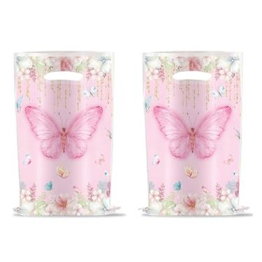 Imagem de YYaaloa 30 peças de sacolas de presente de plástico rosa para lembrancinhas de festa para presente de aniversário e chá de bebê (borboleta B 30 peças)