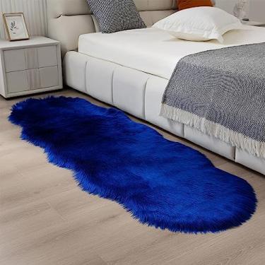 Imagem de CKLZSAY Tapete de pele sintética passadeira 0,6 x 1,8 m azul royal - lavável na máquina, tapete felpudo supermacio, tapete de pele de carneiro, tapete felpudo para quarto, sofá, sala de estar
