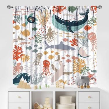 Imagem de YCness Cortinas de animais marinhos engraçadas tartaruga, baleia, oceano, arte colorida, impressa, blecaute, cortinas de janela para meninos, meninas, quarto de bebê, conjunto de tecido, 2 painéis