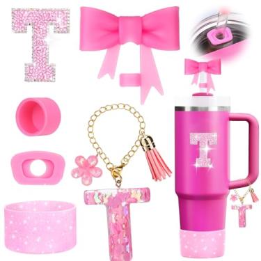 Imagem de Mity rain 6 peças de acessórios de copo rosa para Stanley Cup 850 g 1,134 g - Decoração de iniciais de copo para Stanley, incluindo tampa e bota de palha de silicone, tampa à prova de derramamento