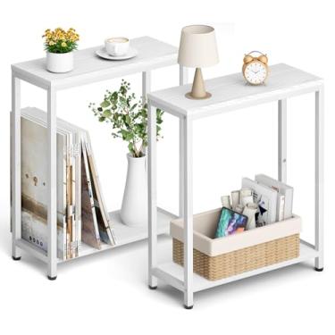 Imagem de SLEEPING LAMB Conjunto de 2 mesas de canto estreito para sala de estar, mesas laterais pequenas para espaços pequenos, suporte de cabeceira fino de 2 camadas para quarto, sofá ao lado de mesinhas de