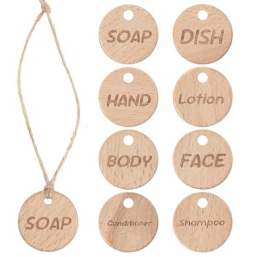 Imagem de Etiquetas de madeira feitas à mão para garrafas, etiquetas multifuncionais de madeira maciça com barbante de juta para cozinha, banheiro, sabonete, loção, xampu, condicionador, corpo e rosto (pacote