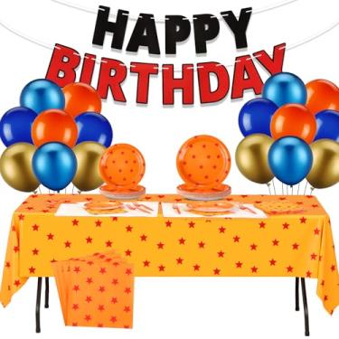 Imagem de Oudain 100 Pcs Anime Theme Birthday Party Decorations Supplies Dragon Balloons Yellow and Red Stars Plates Napkin Fork Tablecloth Banner Cartoon Theme Party Decoration for Anime Birthday