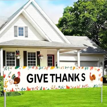 Imagem de BlissYard Give Thanks Decorações Banner Outdoor Varanda Sinal Tecido Poliéster Outono Perus Folhas Abóboras Design para Interior Exterior Cerca de Jardim 118x20 Polegadas Banner Artigos de Festa
