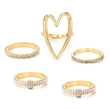 Imagem de Conjunto de anéis de pérolas de zircão de coração grosso de ouro para mulheres empilháveis de cristal aberto borboleta cruz conjunto de anéis de polegar de coração grande acessórios de joias, Large