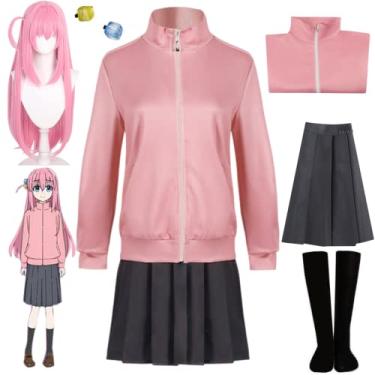 Imagem de Bocchi the Rock Cosplay Fantasia Gotoh Hitori Cosplay Vestido Casaco Rosa Saia Touca Meias Peruca, rosa, 3X-Large