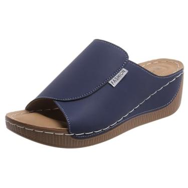 Imagem de Rungion Sandália feminina ortopédica, confortável, para o verão, praia, elegante, com suporte de arco e plataforma, Azul marino, 38