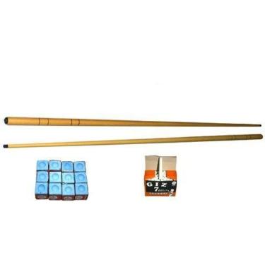 Imagem de Kit 2 Taco 1,30m 1 Dz Giz Azul E 1 Cx Branco Sinuca Bilhar - Tacolandi