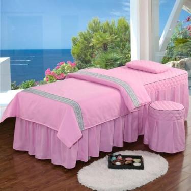 Imagem de JONKMY Jogo de lençol de mesa de massagem, saia de cama de beleza, 4 peças, colchas macias e simples, para salão de beleza, salão de beleza, salão de beleza, com orifícios, conjunto de cama especial