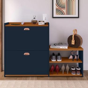 Imagem de Sapateira Com Banco Moderna 2 Gavetas Basculantes 18 Pares Sapatos Para Quarto Hall de Entrada Closet (Azul/Cinamomo)