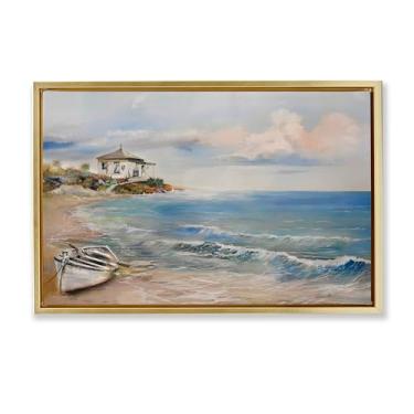 Imagem de Stupell Industries Arte de parede em tela flutuante com moldura dourada de barco a remo da costa, design de Ruane Manning, 43 x 63 cm