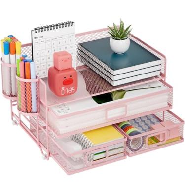 Imagem de Marbrasse Organizador de mesa de malha de 3 camadas com gaveta, organizadores de mesa multifuncionais e acessórios, organizador de cartas de papel com 2 porta-canetas para material de escritório