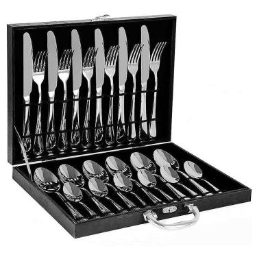 Imagem de Faqueiro Inox Conjunto Talheres 24 Pçs Maleta Madeira Alça