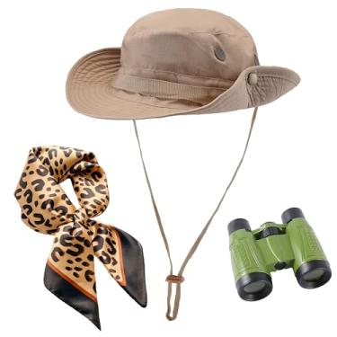 Imagem de Gionforsy Conjunto de 3 peças de fantasia de safári feminino binóculo de Halloween acessórios de roupa de safári chapéu balde de pescoço de leopardo cachecol cosplay, Caqui, One Size