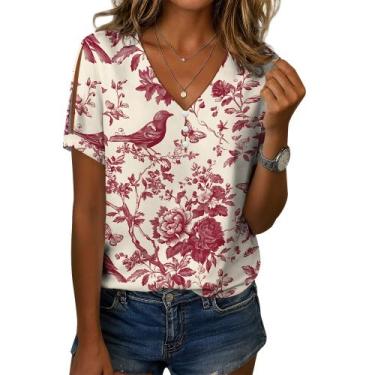 Imagem de Camisa feminina Medlor, manga curta, floral, solta, decote em V, 2025,
