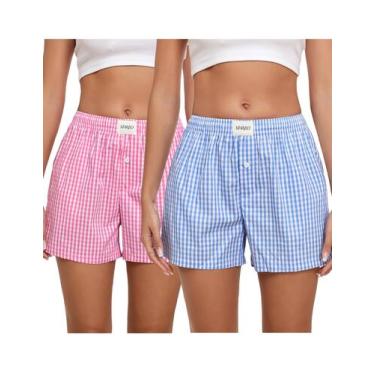 Imagem de Shorts boxer xadrez femininos de algodão da Pijama Bottoms xadrez xadr