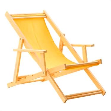 Imagem de Espreguiçadeira Reclinável Com Braço em Madeira Maciça Natural – Para Jardim, Varanda e Área Externa, Tecido Removível (Amarelo)