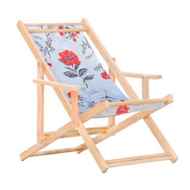 Imagem de Espreguiçadeira Reclinável Com Braço em Madeira Maciça Natural – Para Jardim, Varanda e Área Externa, Tecido Removível (Cinza Floral)