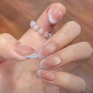 Imagem de Unhas postiças curtas médias de amêndoa francesa azul claro com design de olho de gato, cobertura completa, cola em bastão falso artificial em unhas de acrílico para mulheres, 24 peças