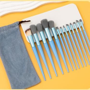 Imagem de Conjunto de pincéis de maquiagem portátil com bolsa de veludo para aplicação rápida, corretivo de sombra, blush, presente ideal para mulheres, coleção de pincéis de maquiagem essenciais, azul