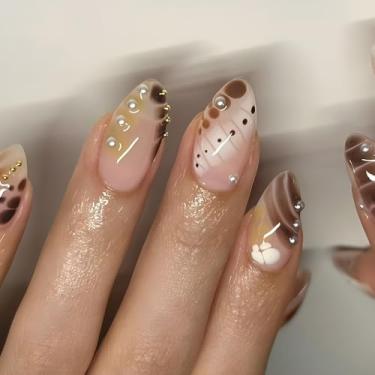 Imagem de Kit Press on Nails Conjunto de cola falsa de amêndoa média longa com design simples de impressão de crocodilo cobertura completa bastão falso artificial em unha de acrílico para mulheres, 24 peças