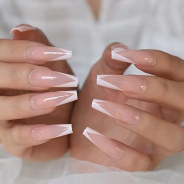Imagem de Pontas de arte de unhas francesas em gel branco brilhante em forma de V cor natural extra longa bailarina prensa nas unhas com abas de cola, manicure