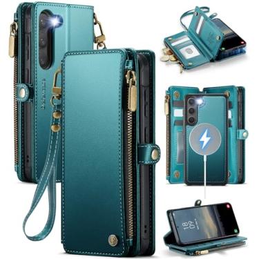 Imagem de Defencase Capa carteira magnética para Samsung Galaxy S23+/S23 Plus compatível com Magsafe com zíper e suporte de cartão, capa de telefone removível de couro PU para Galaxy S23+/Plus 6,6, azul e verde