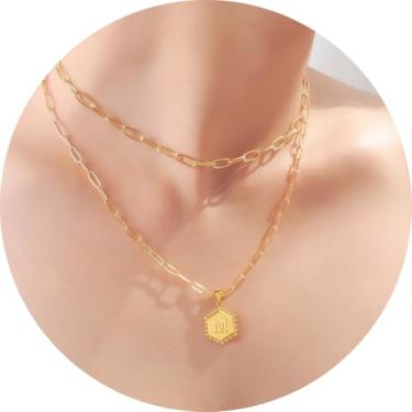 Imagem de Colar feminino com inicial em camadas, aço inoxidável banhado a ouro 18K, pingente de clipe de papel duplo A a Z, conjunto de duas correntes destacáveis, 16.5in/ 14+2in, Aço inoxidável, Sem Pedra