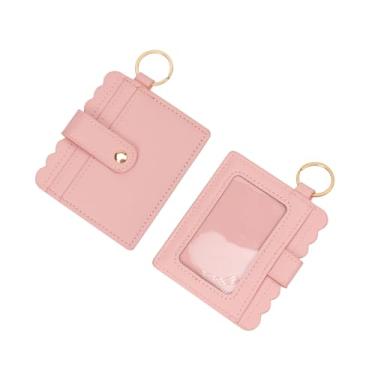 Imagem de Porta-cartões de couro PU, carteira de chaveiro com vários compartimentos com bolso para moedas, organizador compacto de cartões, rosa