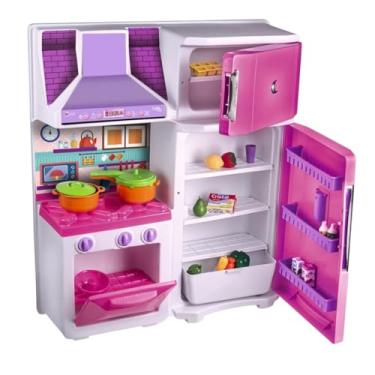 Imagem de Brinquedo Infantil de Cozinha com Fogão, Geladeira e Coifa,Faz de Conta e Casinha,Conjuntos de Cozinha de Brinquedo - Cor Rosa