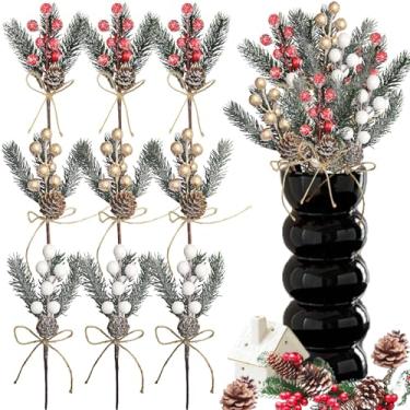 Imagem de 9 peças de palitos florais artificiais de Natal ramos de bagas vermelhas douradas brancas, ramos de pinheiro com pinhas e folhas de azevinho para vaso floral, guirlanda, decoração de férias de inverno