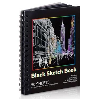 Imagem de Caderno de esboço de papel preto com 50 folhas, 49 kg/160 g/m², bloco de esboço preto pesado, 5,5 × 8,5 cm, papel de desenho sem ácido, caderno de esboço encadernado em espiral para crianças