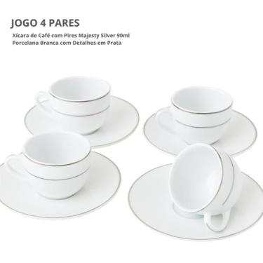 Imagem de Jogo Xicaras De Café Com Pires 90ml Kit 4 Peças Borda Prata Porcelana 