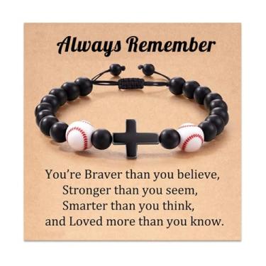 Imagem de Pulseira masculina com cruz para meninos adolescentes, futebol, beisebol, basquete, futebol, esportes, bola com contas, pulseira preta, aniversário, Natal, presente para jogador, filho, neto, amigos