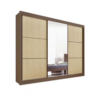 Imagem de Guarda Roupa Casal Com Espelho Los Angeles 3 Portas 6 Gavetas Sem Pés - D' Doro Castanho/linho