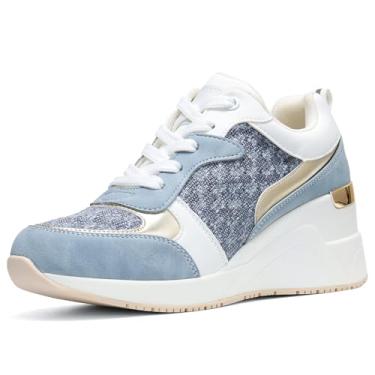 Imagem de Tênis anabela de salto alto para mulheres – Tênis feminino oculto com cadarço, melhor escolha para uso casual e diário, W142-azul, 9