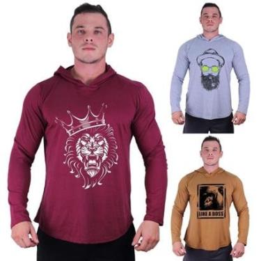 Imagem de Kit 3 Camisetas Manga Longa com Touca Longline Estampada Treino Academia Lazer Casual-Masculino