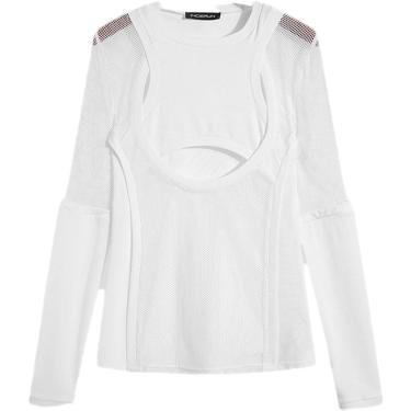 Imagem de Camiseta Masculina Com Painel De Malha Manga Comprida Street See Through Cutout Party Top, White, S