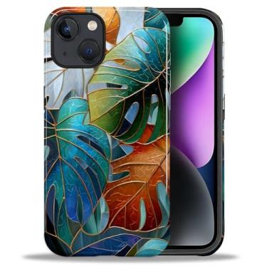 Imagem de Flivro Capa para iPhone 13 iPhone 14, capa rígida de policarbonato e amortecedor interno de silicone, antiarranhões, design fino à prova de choque - Mosaico de plantas de folhas coloridas