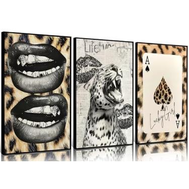 Imagem de 3 peças de arte de parede em tela rugindo de guepardo leopardo Lucky Girl Poker Lips Painting Picture Wall Decor Funky Preppy Poster Print Art para quarto, quarto feminino, sala de estar, apartamento