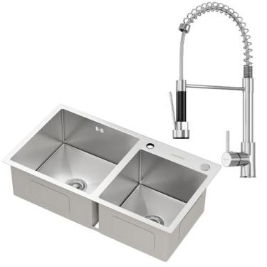 Imagem de Kit Cuba Dupla Gourmet Nápoles Aço Inox 304 e Torneira Gourmet Genebra