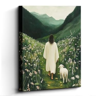 Imagem de WOXZQ Arte de parede de Jesus, bom pastor com cordeiro, decoração de parede cristã, impressão em tela laminada sem moldura, pôster inspirador, para presente de sala de oração, 30 x 38 cm
