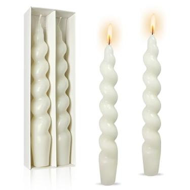Imagem de Velas cônicas espirais de 19 cm coloridas sem cheiro velas curtas sem fumaça, castiçais feitos à mão para jantar de casamento, decoração de casa, conjunto de 2 (branco creme)